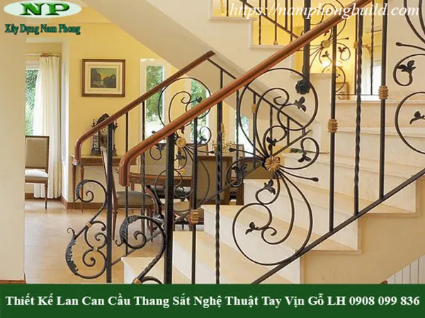 Mẫu lan can cầu thang sắt mỹ thuật tay vịn gỗ cao cấp