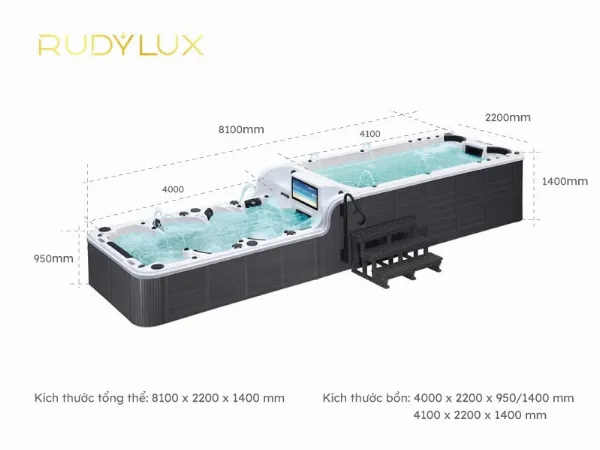 Kích thước bể bơi spa ngoài trời Rudylux RD-859