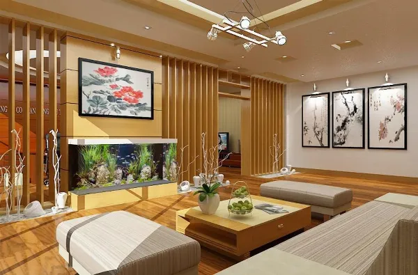 Phòng khách gỗ sáng thoáng